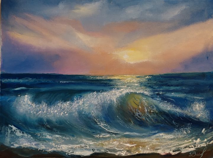 Картина под названием "A big wave" - Marina Dinin, Подлинное произведение искусства, Масло Установлен на Подрамник