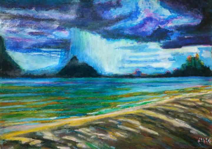 Pittura intitolato "The rain under the…" da Vadim Kalinin, Opera d'arte originale, Pastello