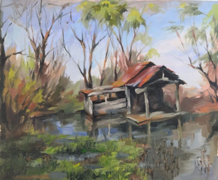 Картина под названием "дом на озере" - Вадим Кончиц, Подлинное произведение искусства, Масло