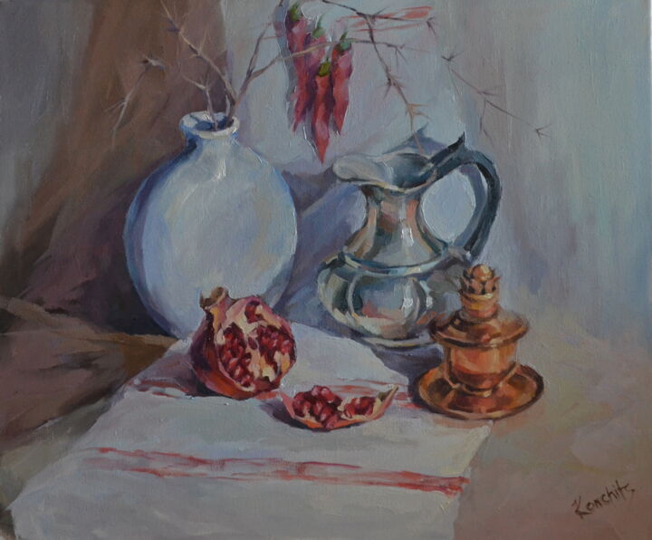 Painting titled "still life with pom…" by Vadim Konchits, Original Artwork, Oil