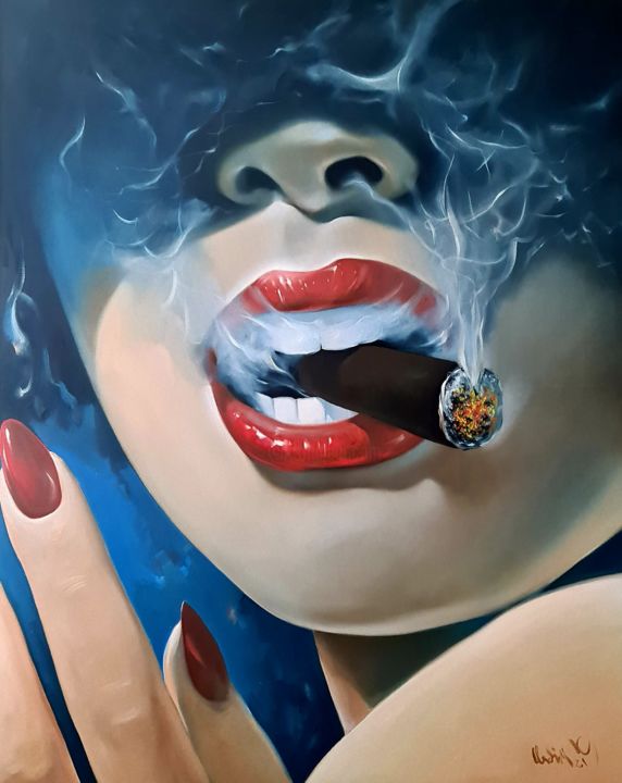 Schilderij getiteld ",,Lady with a cigar…" door Vadim Kovalev, Origineel Kunstwerk, Olie Gemonteerd op Frame voor houten bra…