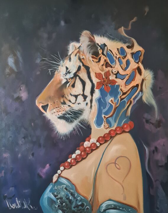 Malerei mit dem Titel ",,Tigress,," von Vadim Kovalev, Original-Kunstwerk, Öl Auf Keilrahmen aus Holz montiert