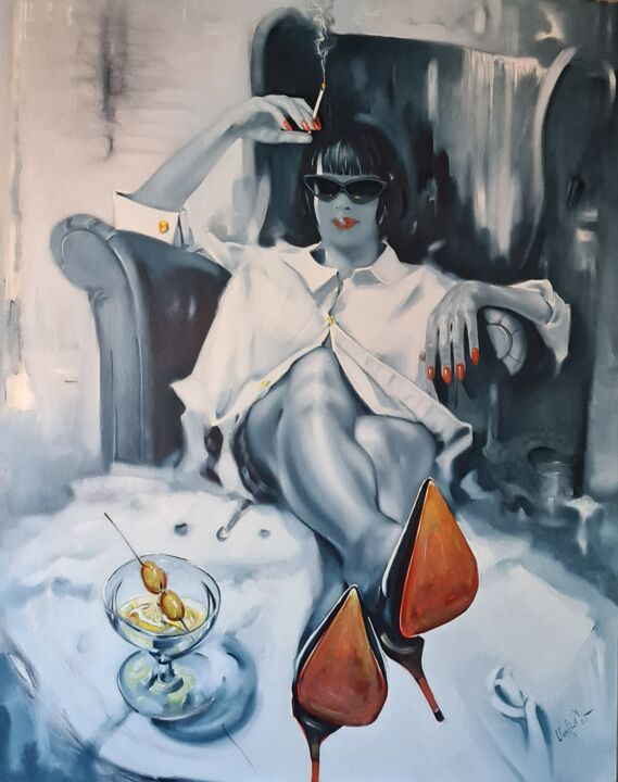 Painting titled "Catwoman 2 ,,The gi…" by Vadim Kovalev, Original Artwork, Oil Mounted on Wood Stretcher frame