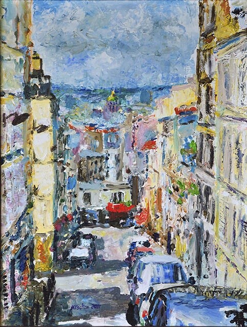 Painting titled "Joyeux Montmartre" by Vadim Mikhailov, Original Artwork, Oil
