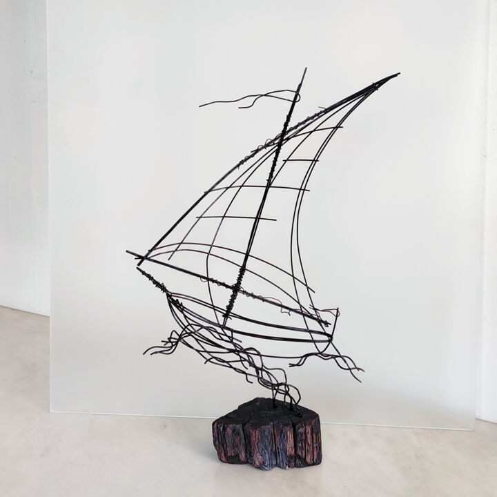 Sculpture titled "Sailing boat under…" by Vadim Studenov, Original Artwork, Metals