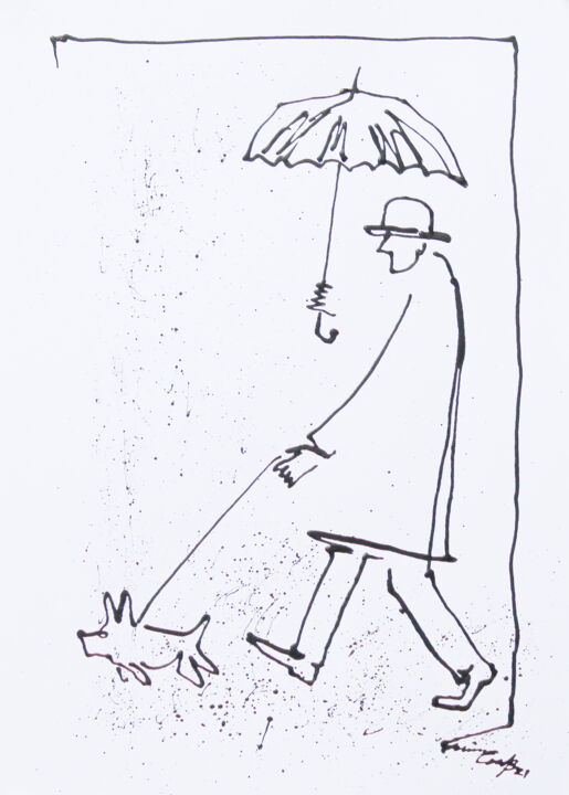 Drawing titled "a walk with the dog…" by Vadim Studenov, Original Artwork, Acrylic