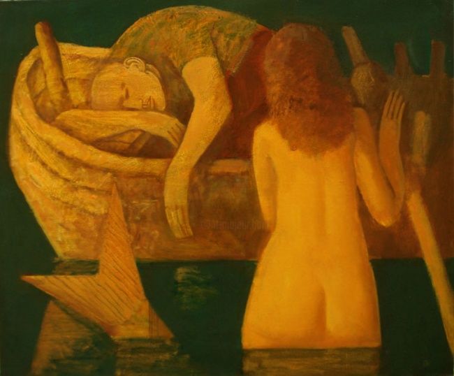 Pittura intitolato "Сон рыбака" da Vadim Palamarchuk, Opera d'arte originale, Olio