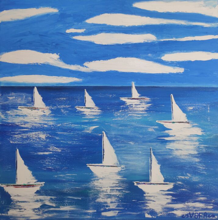 Malarstwo zatytułowany „Sailboats” autorstwa Vafa Majidli, Oryginalna praca, Akryl Zamontowany na Drewniana rama noszy