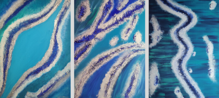 Schilderij getiteld ""Blue Water" Tripty…" door Vafa Majidli, Origineel Kunstwerk, Acryl Gemonteerd op Frame voor houten bra…