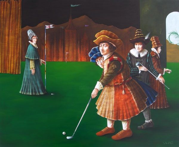 Malerei mit dem Titel "Midnight Golfers" von Vahagn H, Original-Kunstwerk, Acryl