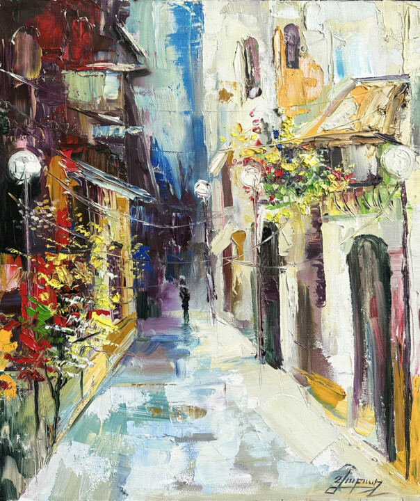Painting titled "LUMINESCENT ALLEY" by Vahe Bagumyan, Original Artwork, Oil Mounted on Wood Stretcher frame