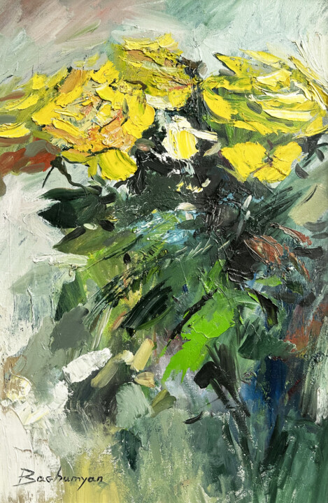 Painting titled "Yellow abstract ros…" by Vahe Bagumyan, Original Artwork, Oil Mounted on Wood Stretcher frame
