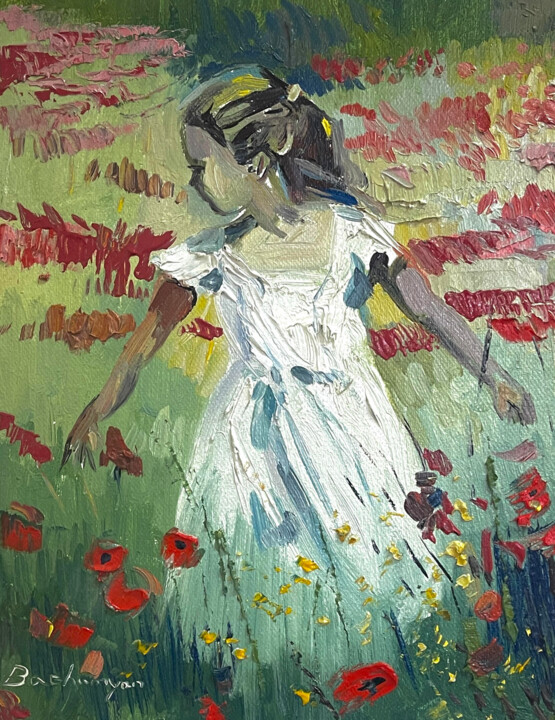 Painting titled "Little Girl in Popp…" by Vahe Bagumyan, Original Artwork, Oil Mounted on Wood Stretcher frame