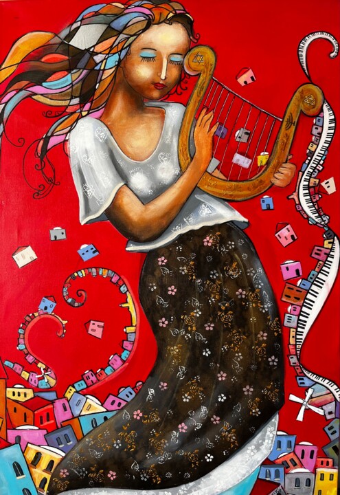 Painting titled "the lyre player" by Vainunska Jacques, Original Artwork, Acrylic Mounted on Wood Stretcher frame