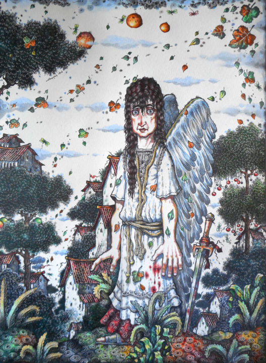 Рисунок под названием "Ангел/Angel" - Vazha Kurkhuli, Подлинное произведение искусства, Цветные карандаши