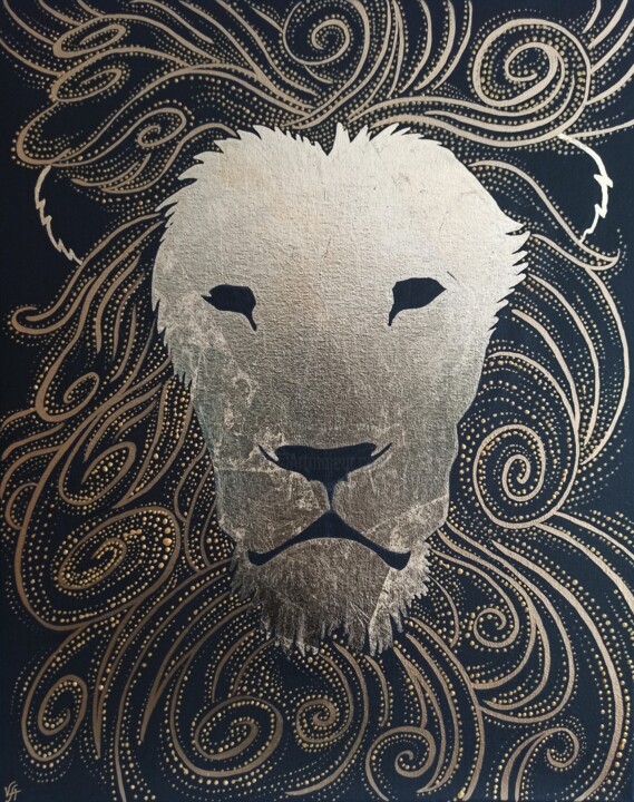 Malarstwo zatytułowany „LION SPIRIT - abstr…” autorstwa Alona Vakhmistrova, Oryginalna praca, Marker Zamontowany na Drewnian…