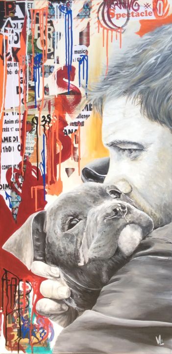 Malerei mit dem Titel "Tendresse canine" von Val Escoubet, Original-Kunstwerk, Acryl