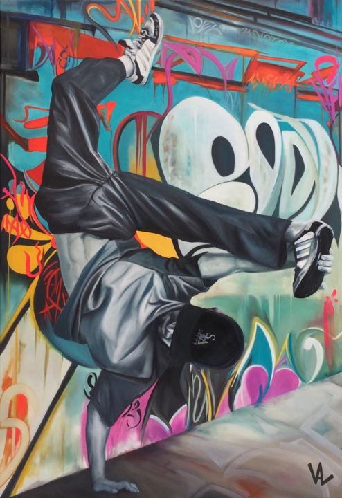 Schilderij getiteld "Urban handstand" door Val Escoubet, Origineel Kunstwerk, Olie