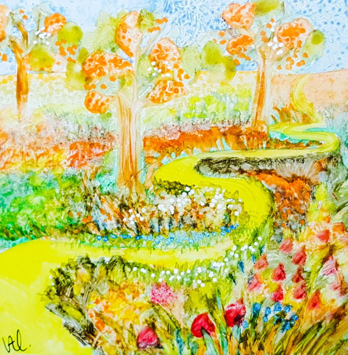 Painting titled "le chemin d'or 3" by Valerie Nunes, Original Artwork, Watercolor