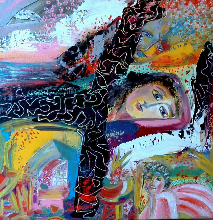 Peinture intitulée "La pensive" par Valerie Nunes, Œuvre d'art originale, Acrylique