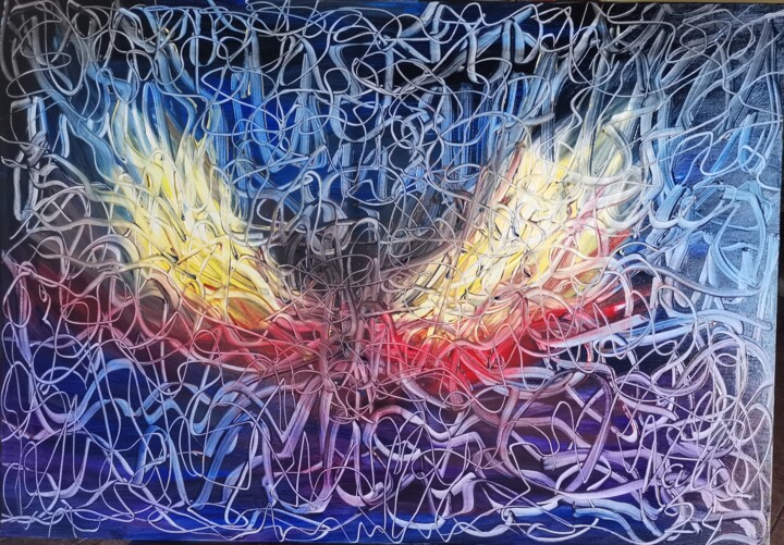 Painting titled "Las alas de Anabella" by Vala, Original Artwork, Oil Mounted on Wood Stretcher frame