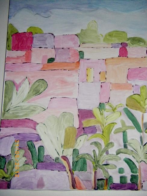 Peinture intitulée "Village rose" par Valbrun, Œuvre d'art originale, Huile