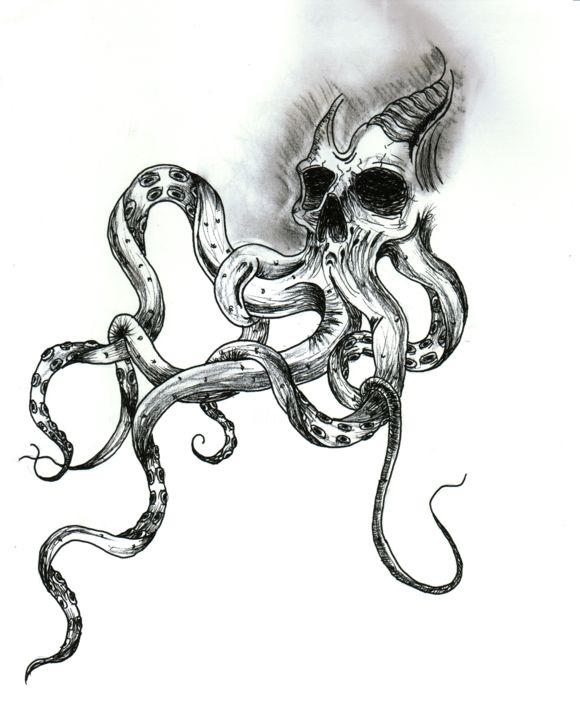 Drawing titled "Crâne pieuvre" by Valentine Fasquel, Original Artwork