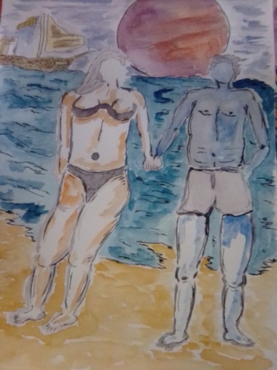 Dessin intitulée "Amoureux sur la pla…" par Valentin Denninger, Œuvre d'art originale, Acrylique