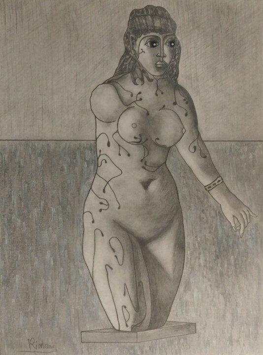 Drawing titled "La déesse amazone" by Valentin Rionceny, Original Artwork, Pencil