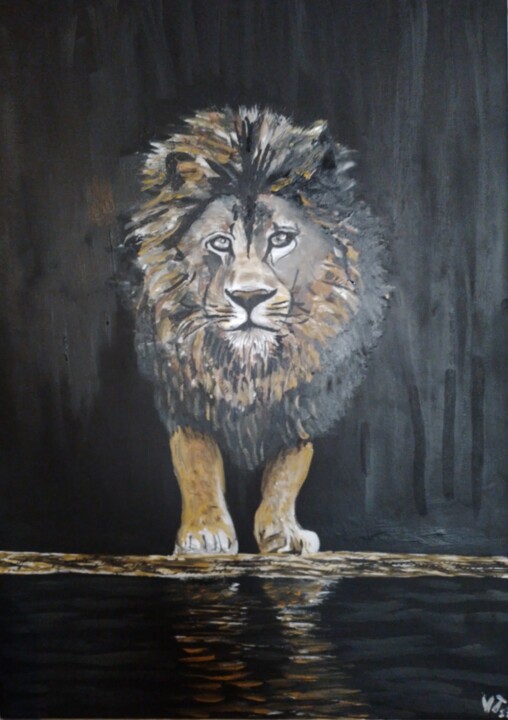 Pintura intitulada "Lion au bord de l'e…" por Valentin Tant, Obras de arte originais, Óleo Montado em Armação em madeira