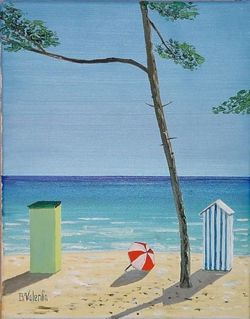 Painting titled "Le parasol rouge" by Bernard Valentin, Original Artwork