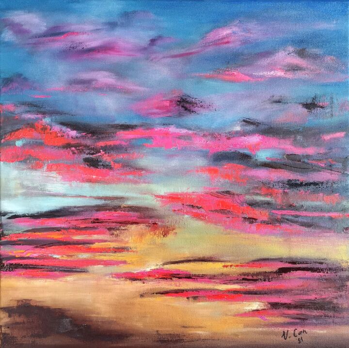 Pintura titulada "Pink clouds in Izmi…" por Valentina Can, Obra de arte original, Oleo Montado en Bastidor de camilla de mad…