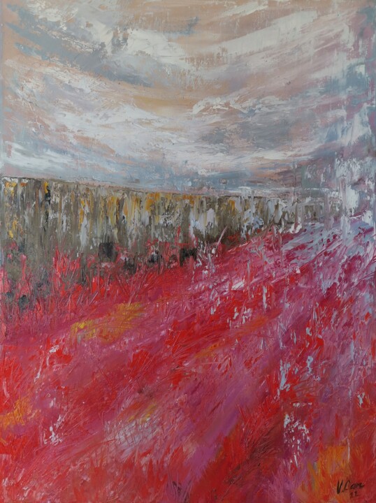 Картина под названием "Red Field. Abstract…" - Valentina Can, Подлинное произведение искусства, Масло Установлен на Деревянн…