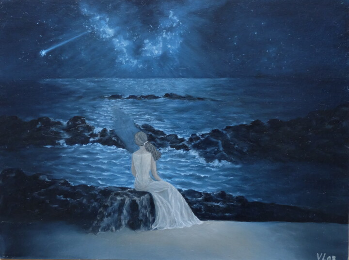 Painting titled "A girl and the sea" by Valentina Lazdina, Original Artwork, Oil