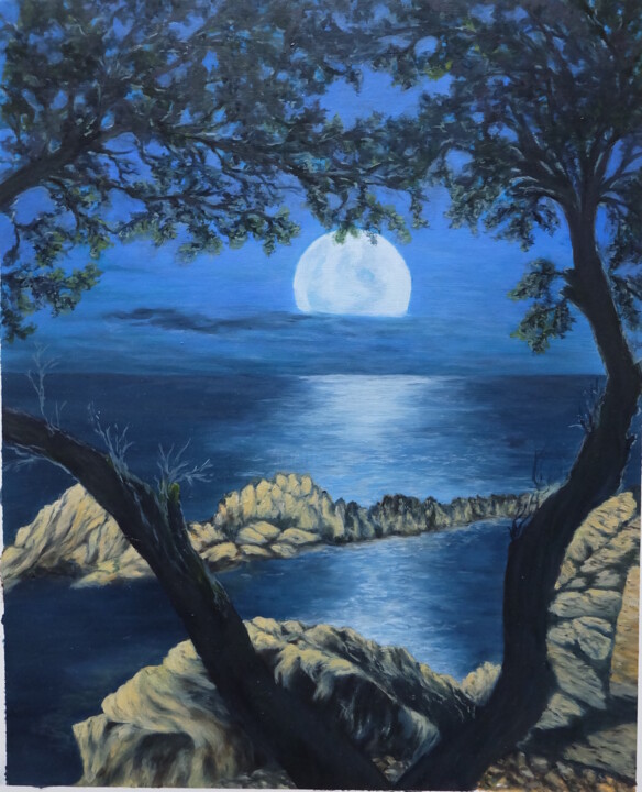 Malarstwo zatytułowany „Moon night on the s…” autorstwa Valentina Lazdina, Oryginalna praca, Olej