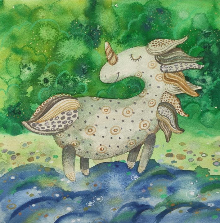 Malarstwo zatytułowany „The Unicorn and sum…” autorstwa Valentina Pushkareva, Oryginalna praca, Akwarela