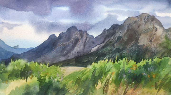 Pintura intitulada "Mountains, Hurma, A…" por Valentina Pushkareva, Obras de arte originais, Aquarela