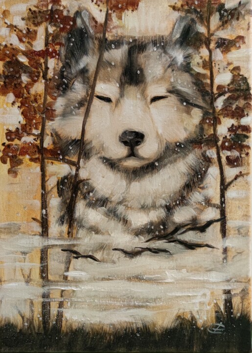 Painting titled "Dream, wolf" by Valentina Reymer, Original Artwork, Oil