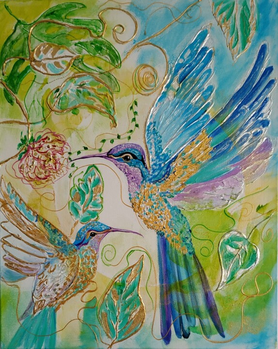 Schilderij getiteld "Волшебные колибри" door Valentina Simma, Origineel Kunstwerk, Olie