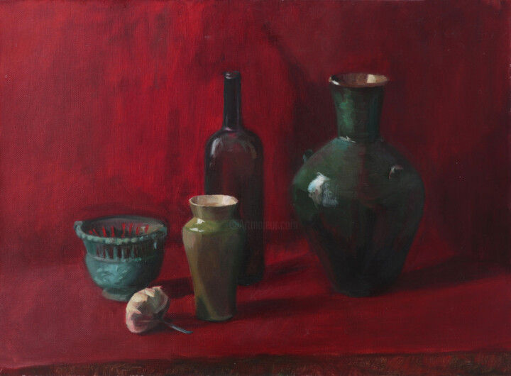 Painting titled "Red still life" by Valentina Timchenko, Original Artwork, Oil Mounted on Wood Stretcher frame