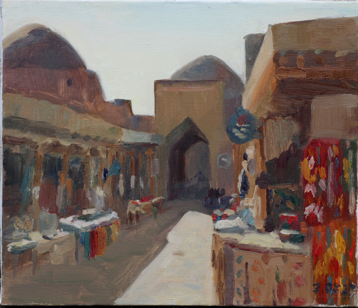 Картина под названием "Bukhara Bazaar" - Valentina Timchenko, Подлинное произведение искусства, Масло Установлен на Деревянн…