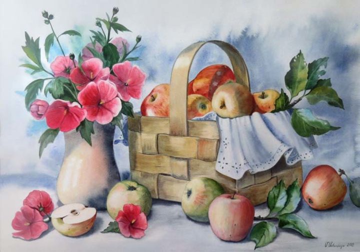 Pintura intitulada "Лукошко яблок" por Valentina Valevskaya, Obras de arte originais, Óleo
