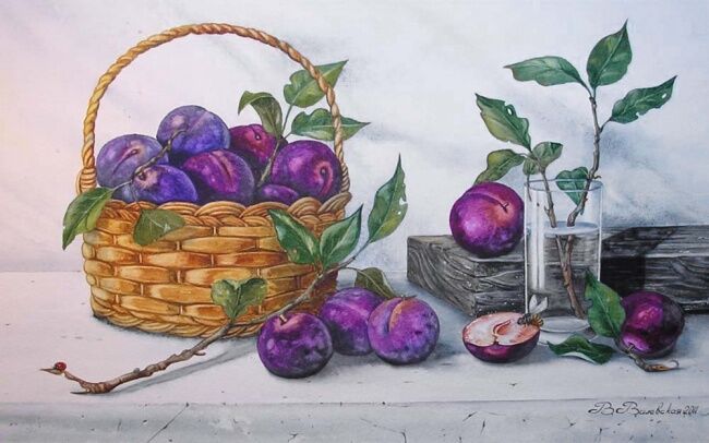 Pintura intitulada "A basket with plums" por Valentina Valevskaya, Obras de arte originais, Óleo