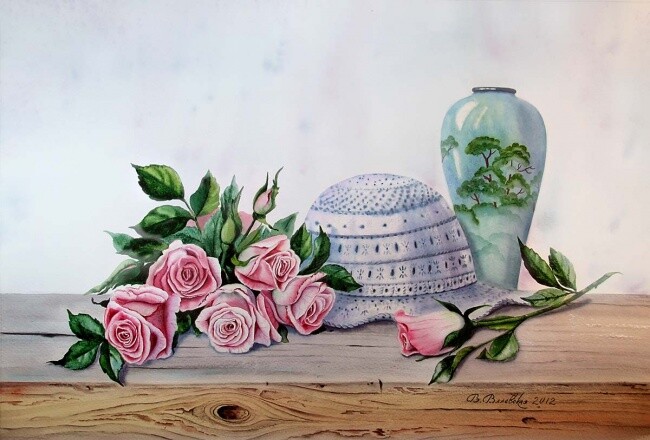 Painting titled "Вязаная шляпка" by Valentina Valevskaya, Original Artwork, Oil
