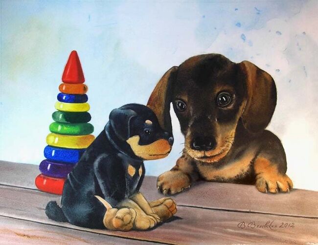 Malerei mit dem Titel "Two puppies      Дв…" von Valentina Valevskaya, Original-Kunstwerk, Öl