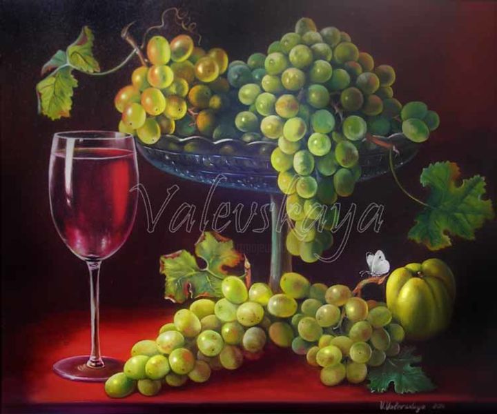 Painting titled "Grapes in a still l…" by Valentina Valevskaya, Original Artwork, Oil