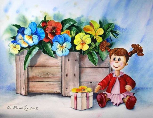 A doll with a gift - Painting, 44x35 cm ©2012 by Valentina -
Realism, Doll, watercolors, paintings, villa, pansies, flowers, still life, a gift, Кукла, акварель, живопись, вила, анютины глазки, цветы, натюрморт, подарок