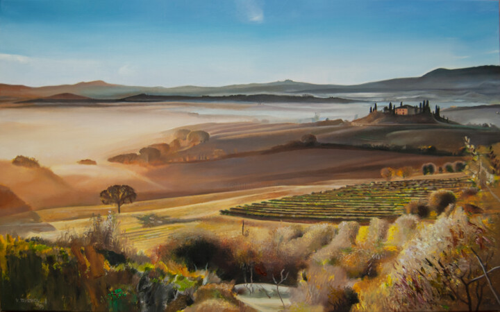 Painting titled "Beautiful Country V…" by Valeri Tsvetkov, Original Artwork, Oil Mounted on Wood Stretcher frame