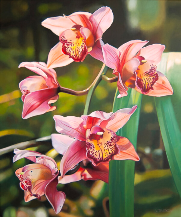Painting titled "Orchids I" by Valeri Tsvetkov, Original Artwork, Oil Mounted on Wood Stretcher frame