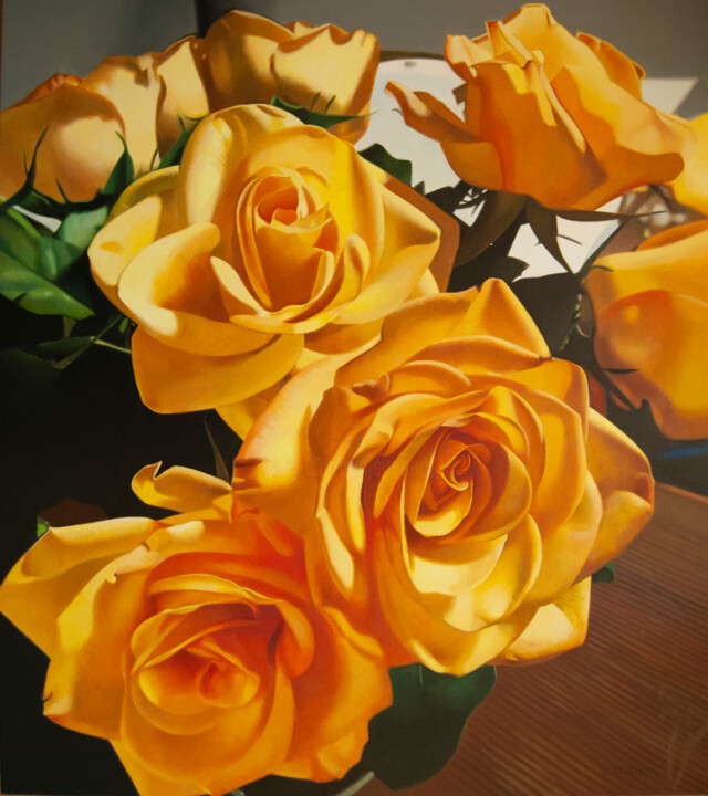 Painting titled "Yellow Roses" by Valeri Tsvetkov, Original Artwork, Oil